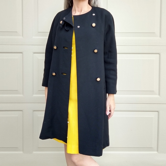 BLACK WOOL WEAVE COAT vintage 1960's 60's S M - Picture 2 of 10